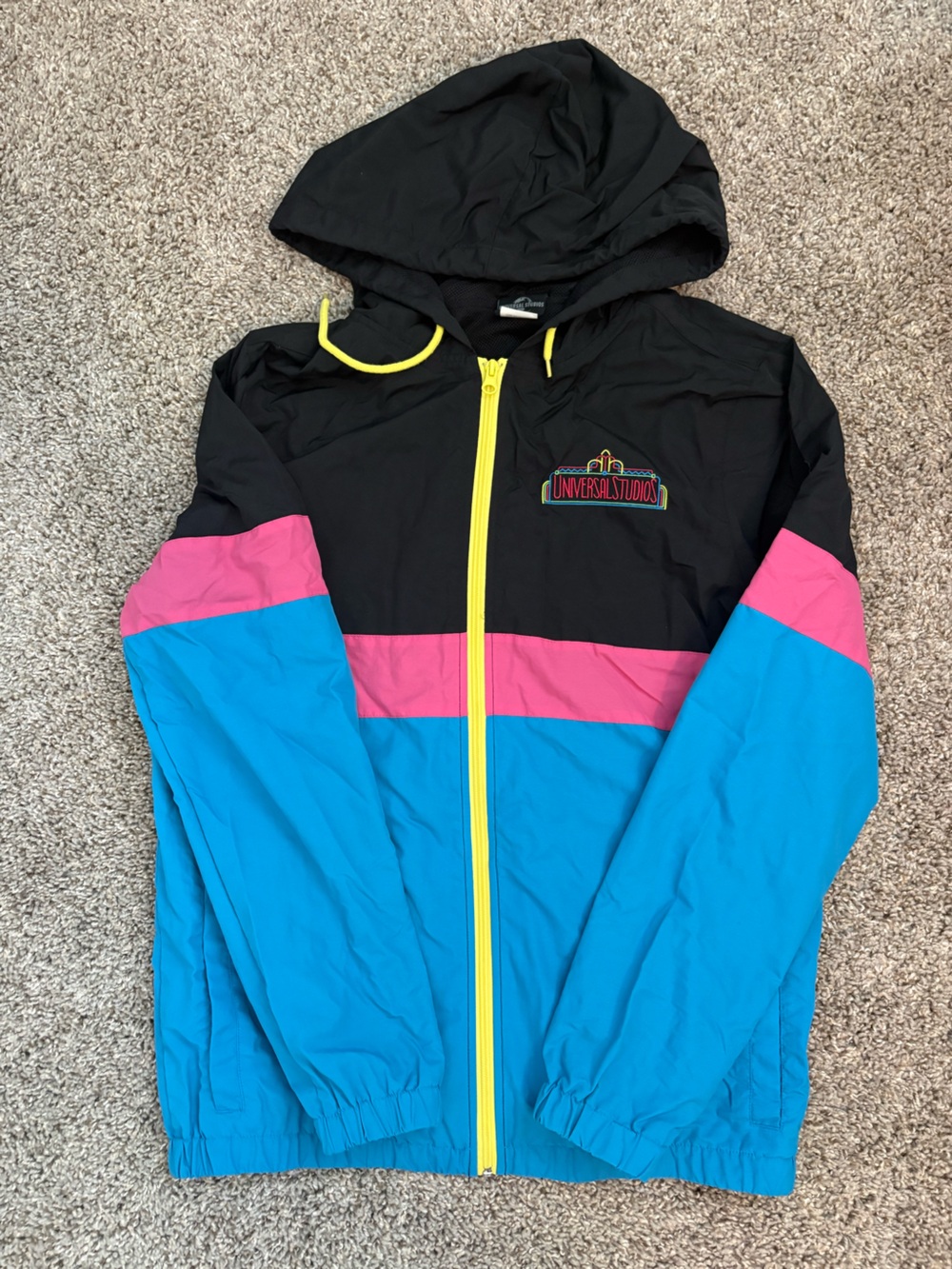 VTG Y2K Universal Studios Colorblock Windbreaker Jacket - Black, Blue & Pink